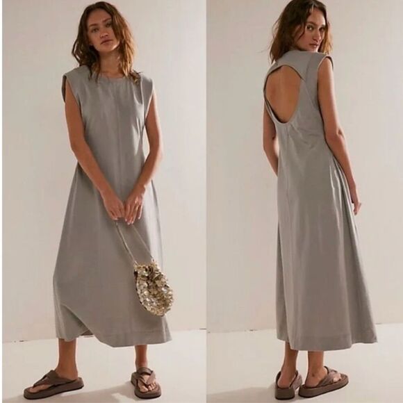 FREE PEOPLE FP BEACH Simone Maxi Exposed Back Dress Size Small NWT Gray - Picture 1 of 5